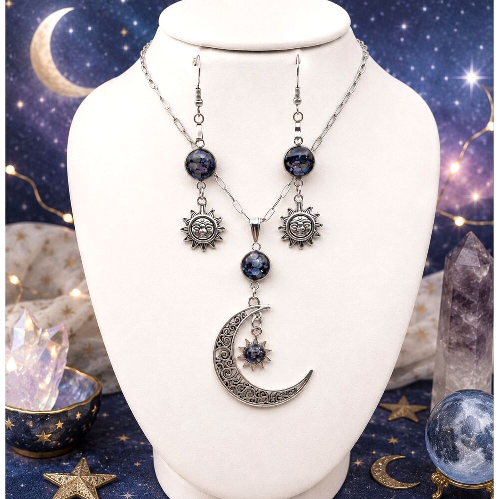 Celestial Sun & Moon Resin Necklace and Earrings Set Silver Tone Cosmic Jewelry